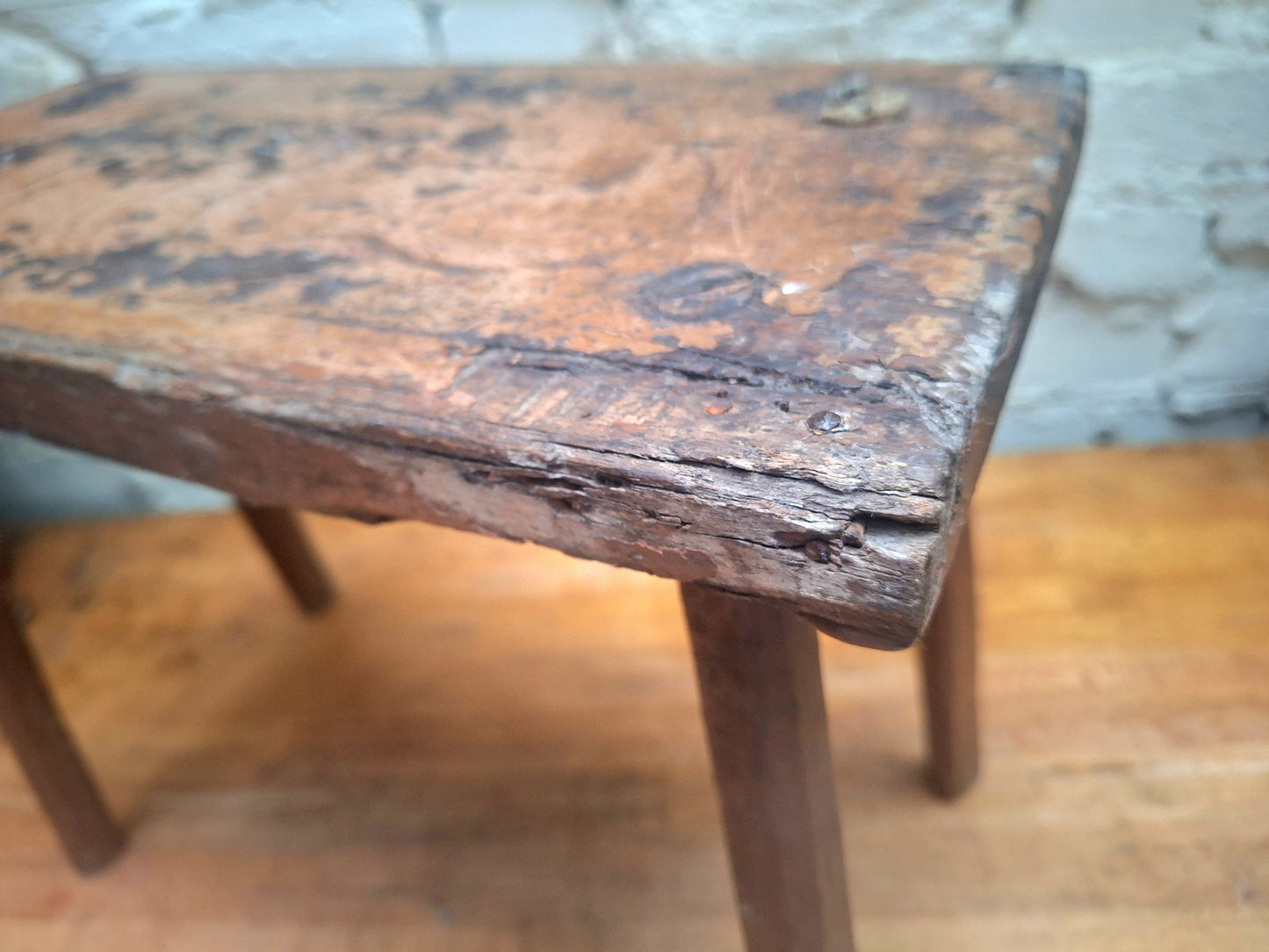 Antique Stick Leg Stool With Carved 'Witch Marks'