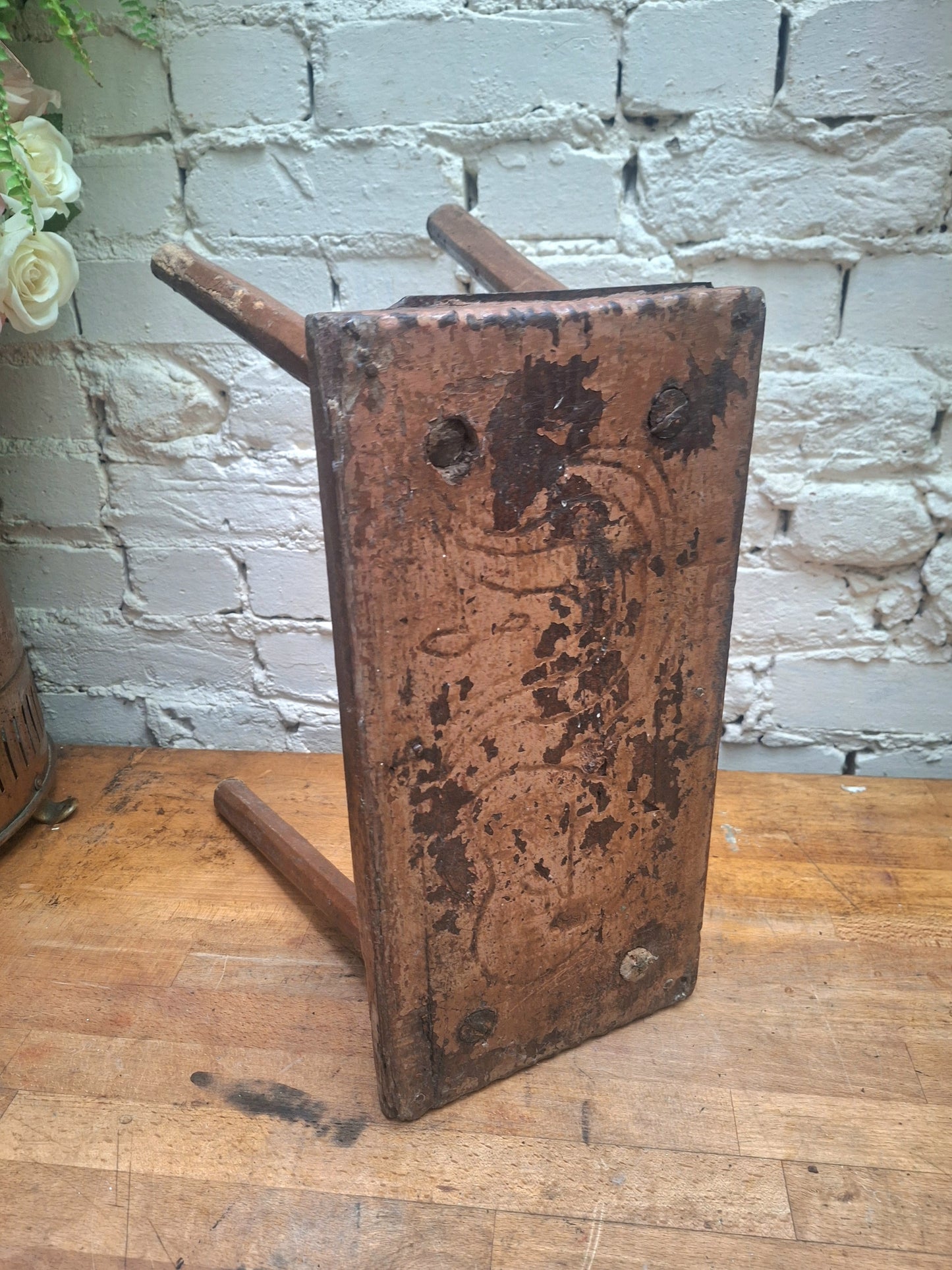 Antique Stick Leg Stool With Carved 'Witch Marks'