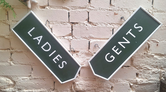 Vintage Pair Wooden Arrow Toilet Signs.