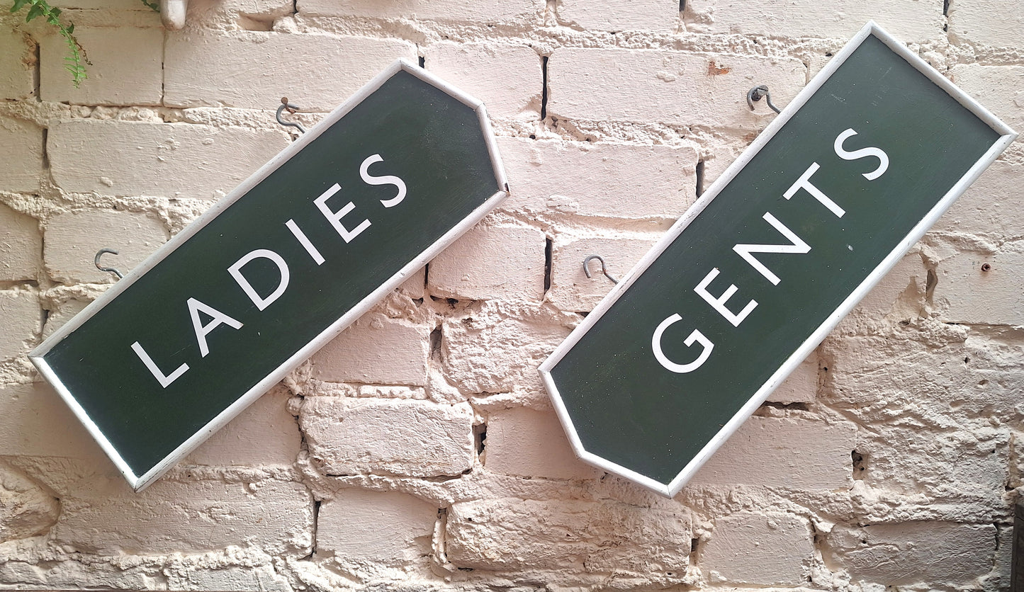 Vintage Pair Wooden Arrow Toilet Signs.