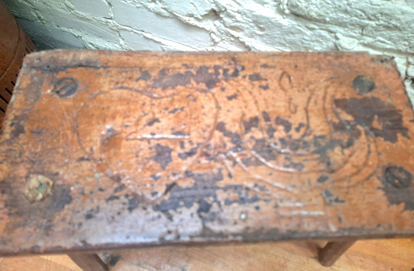 Antique Stick Leg Stool With Carved 'Witch Marks'