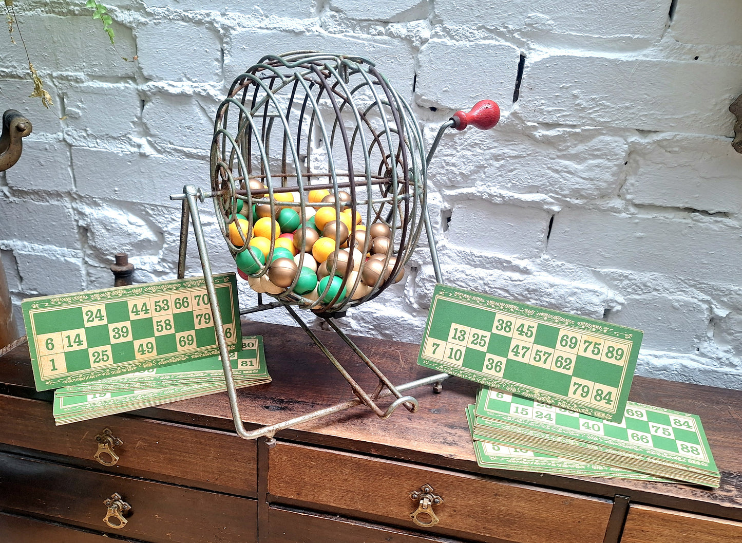 Vintage Metal Bingo Cage, Balls and Cards.