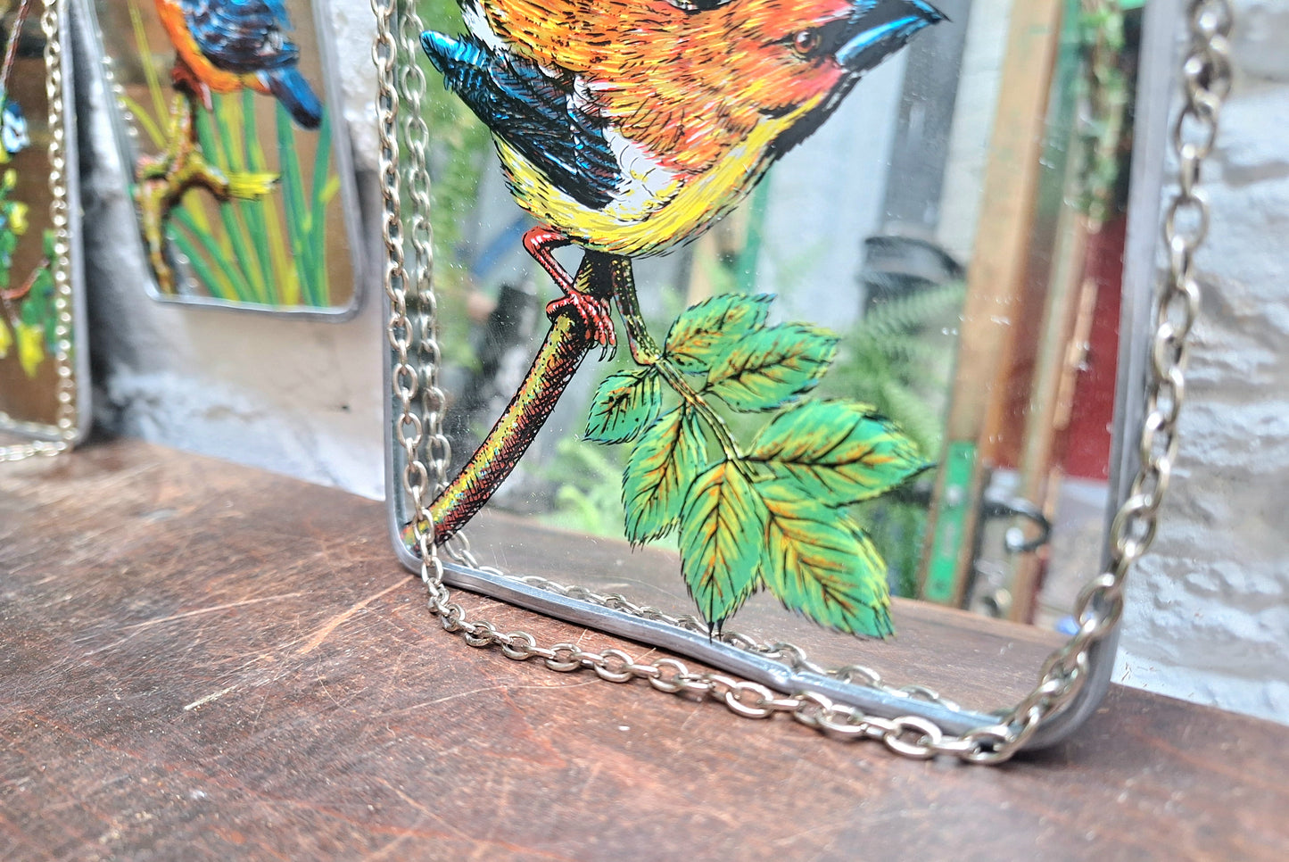 Vintage Set of Four Handpainted Hanging Bird Mirrors.