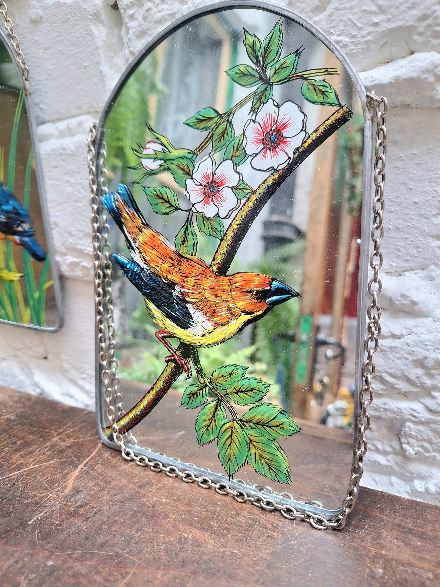 Vintage Set of Four Handpainted Hanging Bird Mirrors.