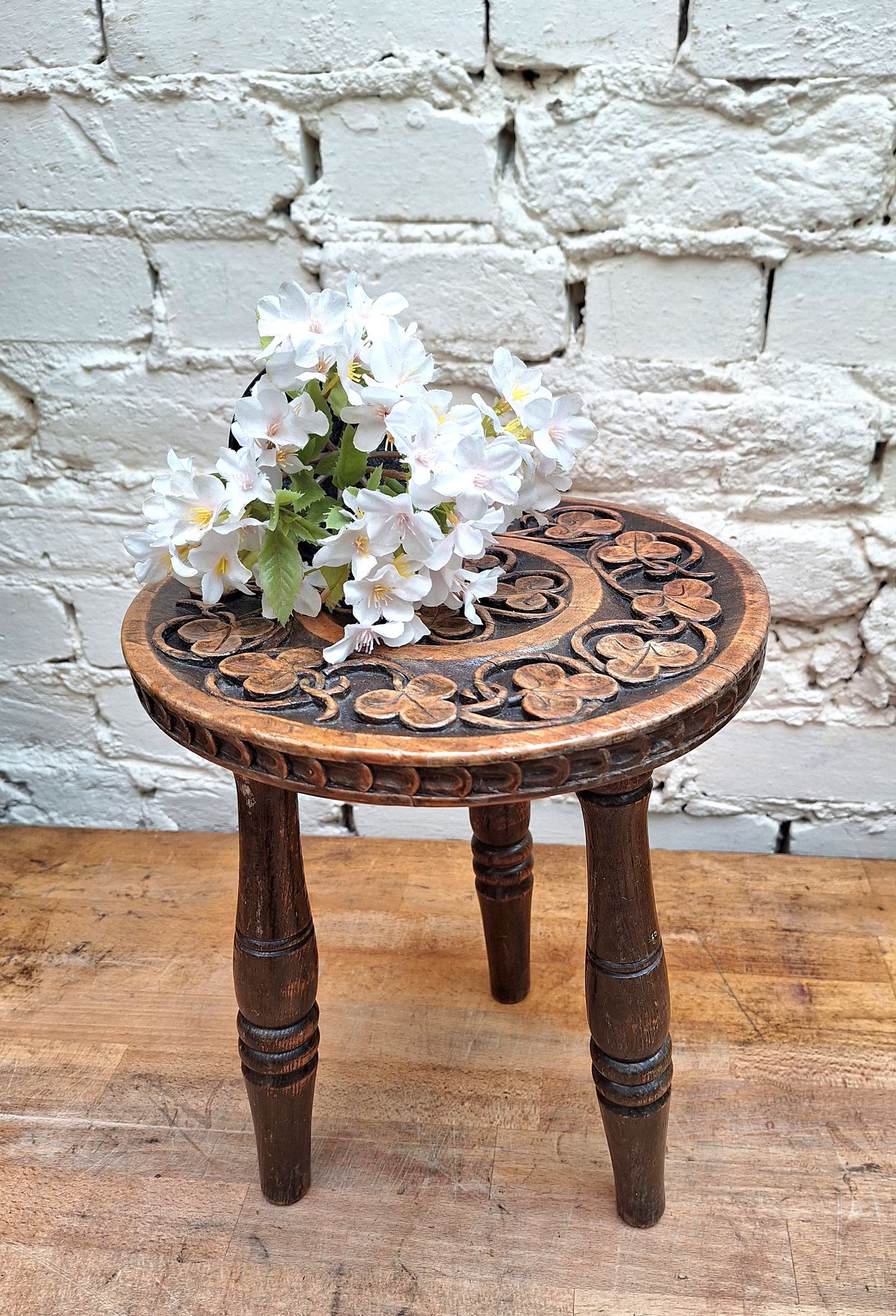 Antique Irish Carved 'Clover' Stool.