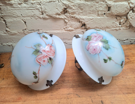 A Pair of Antique Painted Milk Glass Plaffoniers.