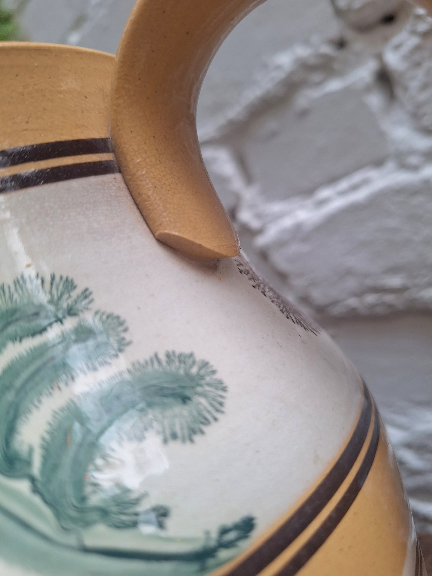 Antique 19th Century Mochaware Large Jug Leaf/Tree Pattern