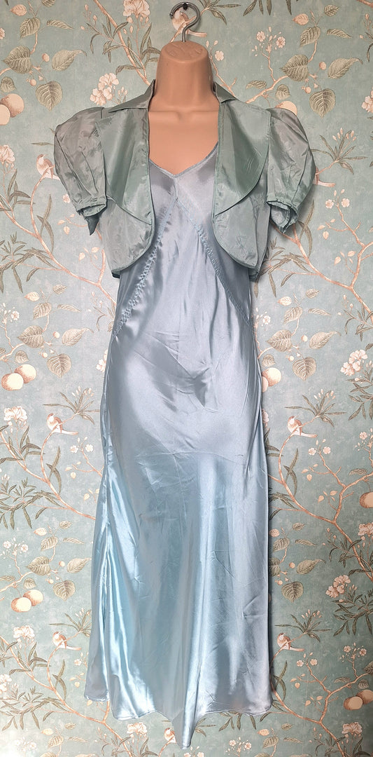 1930s Duck Egg Blue Silk Slip Dress and Jacket.