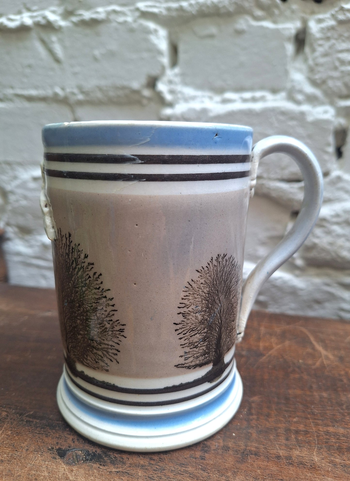 Antique 19th Century 1 Pint Mochaware Imperial  Tankard/Mug Tree Pattern.