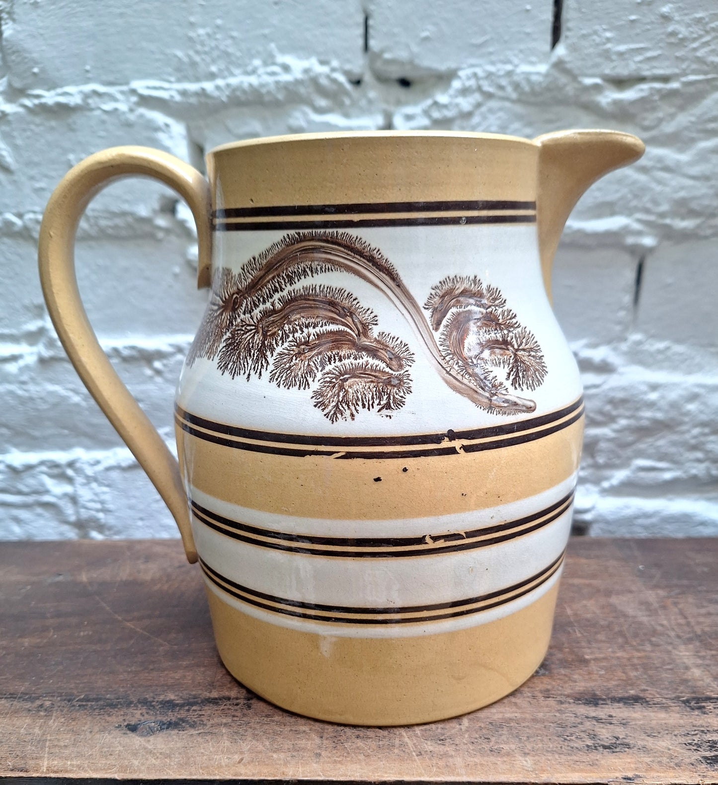 Antique 19th Century Mochaware Large Jug Leaf/Tree Pattern