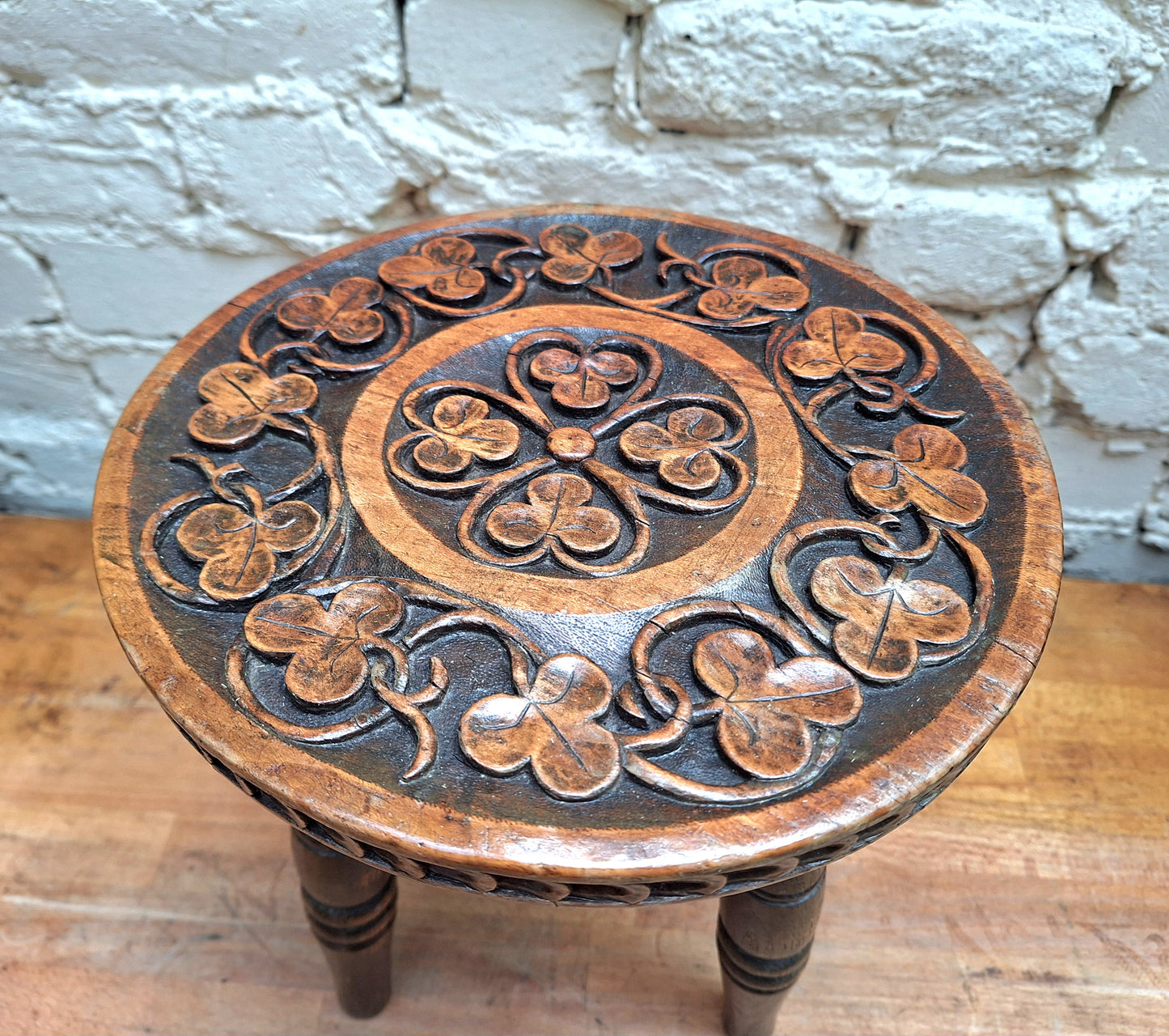 Antique Irish Carved 'Clover' Stool.