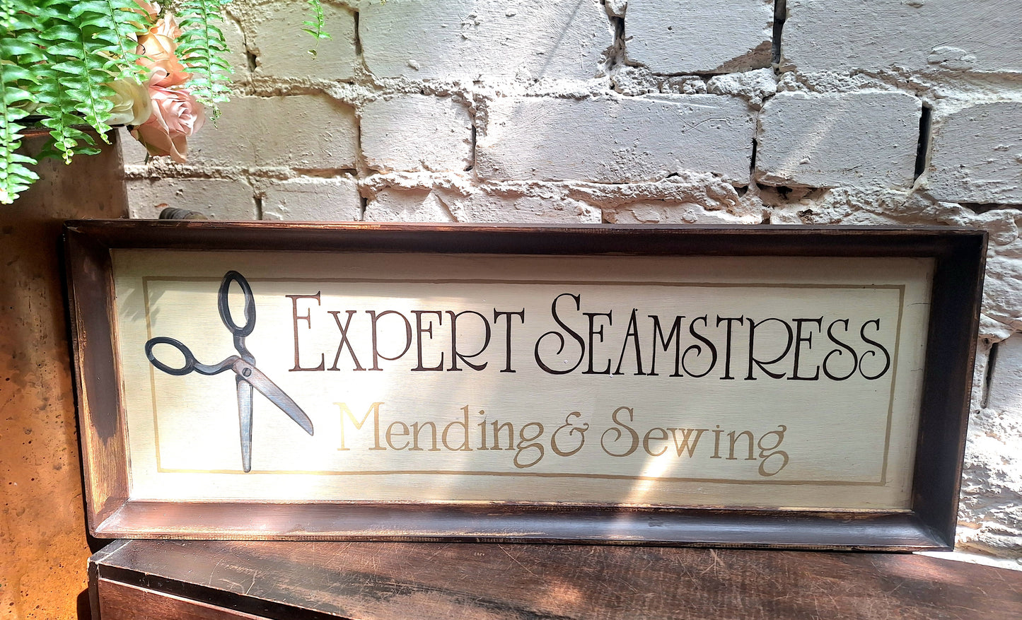 Vintage Wooden Hand Painted Sign 'Expert Seamstress'