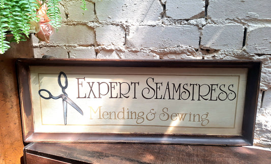 Vintage Wooden Hand Painted Sign 'Expert Seamstress'