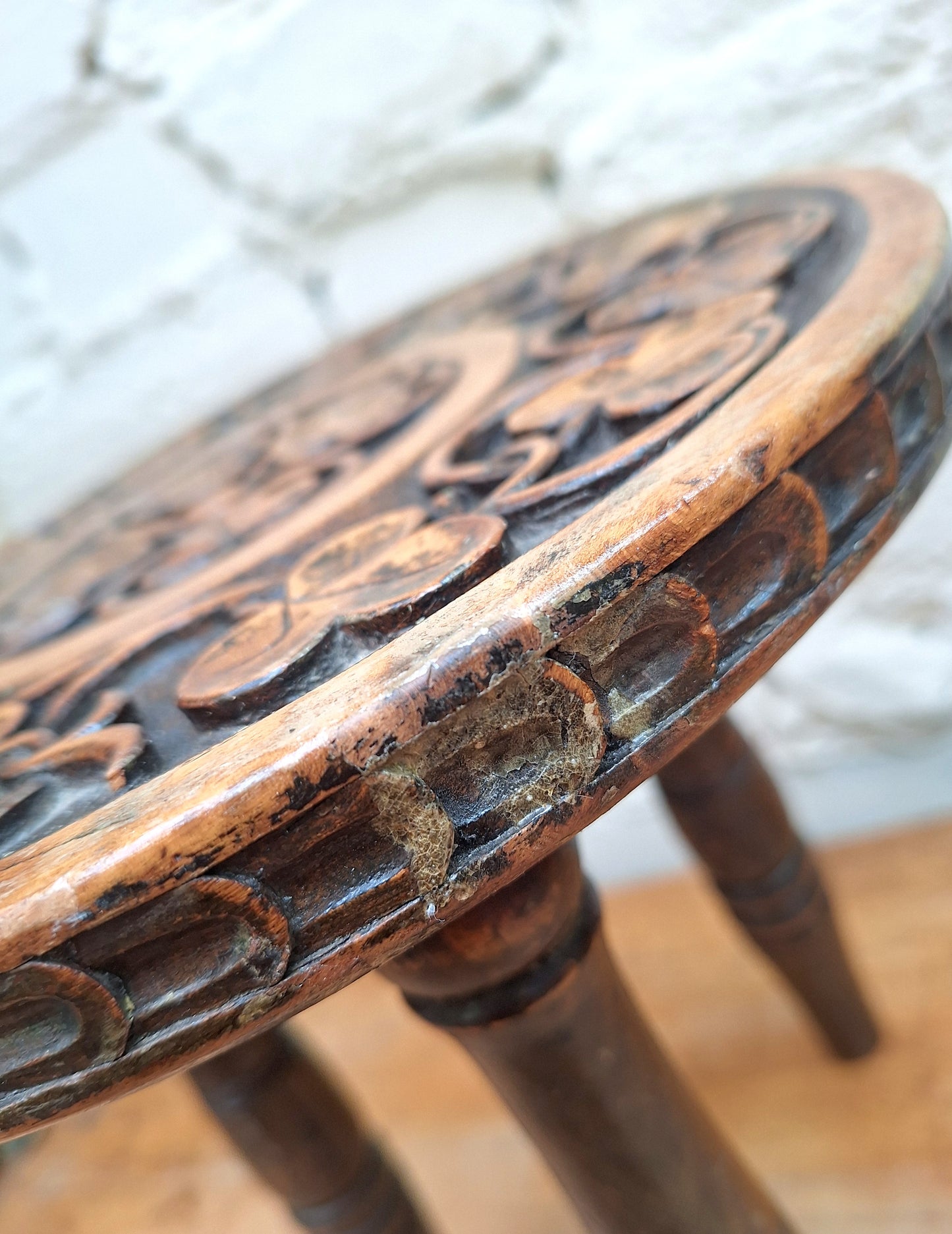 Antique Irish Carved 'Clover' Stool.
