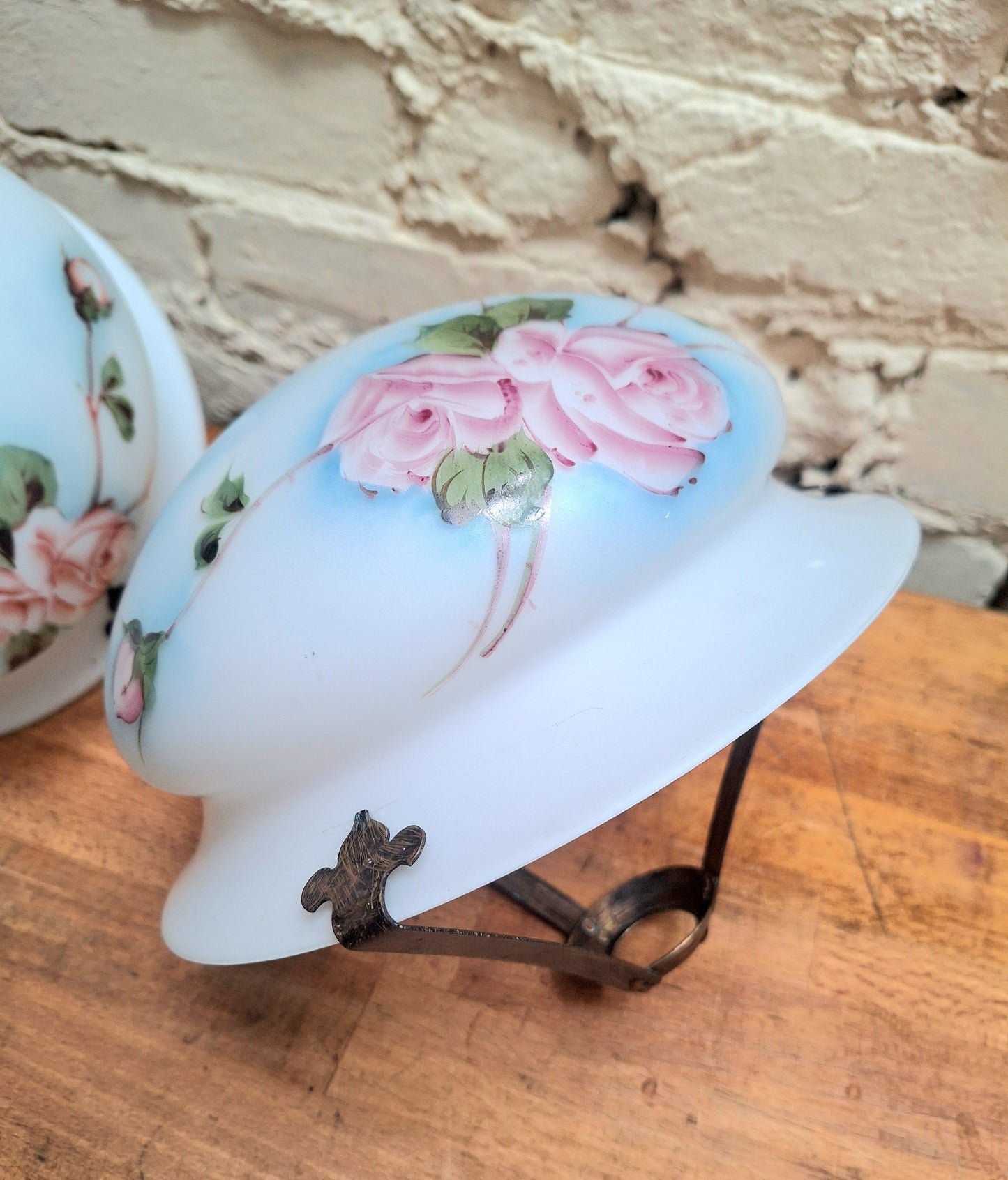 A Pair of Antique Painted Milk Glass Plaffoniers.