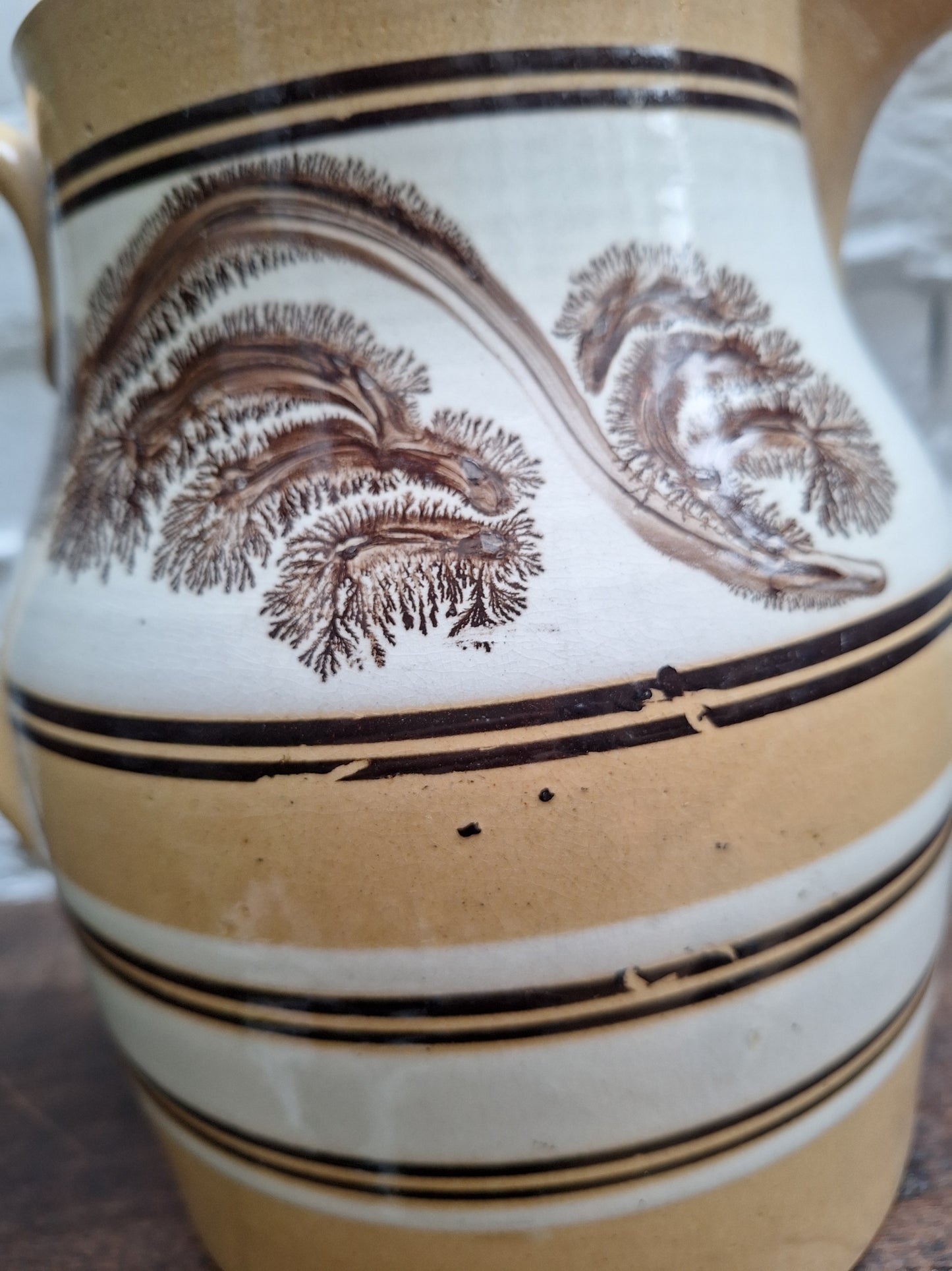 Antique 19th Century Mochaware Large Jug Leaf/Tree Pattern