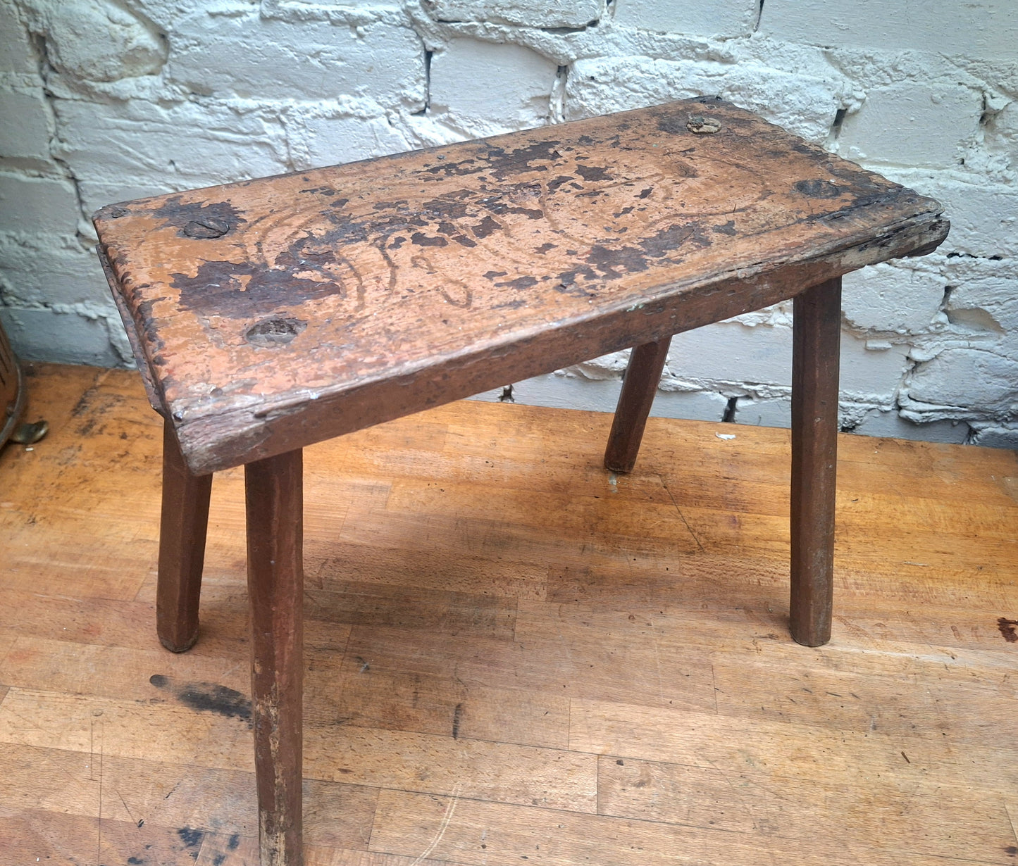Antique Stick Leg Stool With Carved 'Witch Marks'