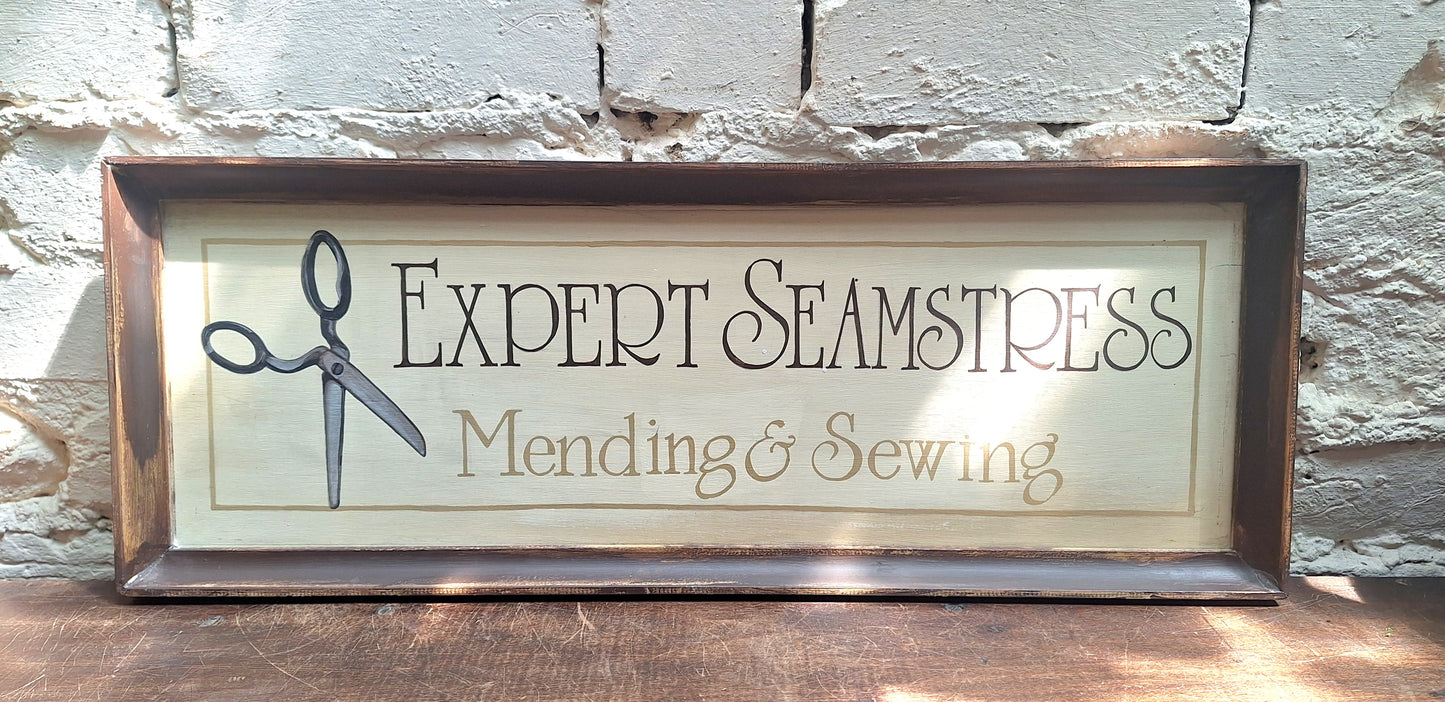 Vintage Wooden Hand Painted Sign 'Expert Seamstress'