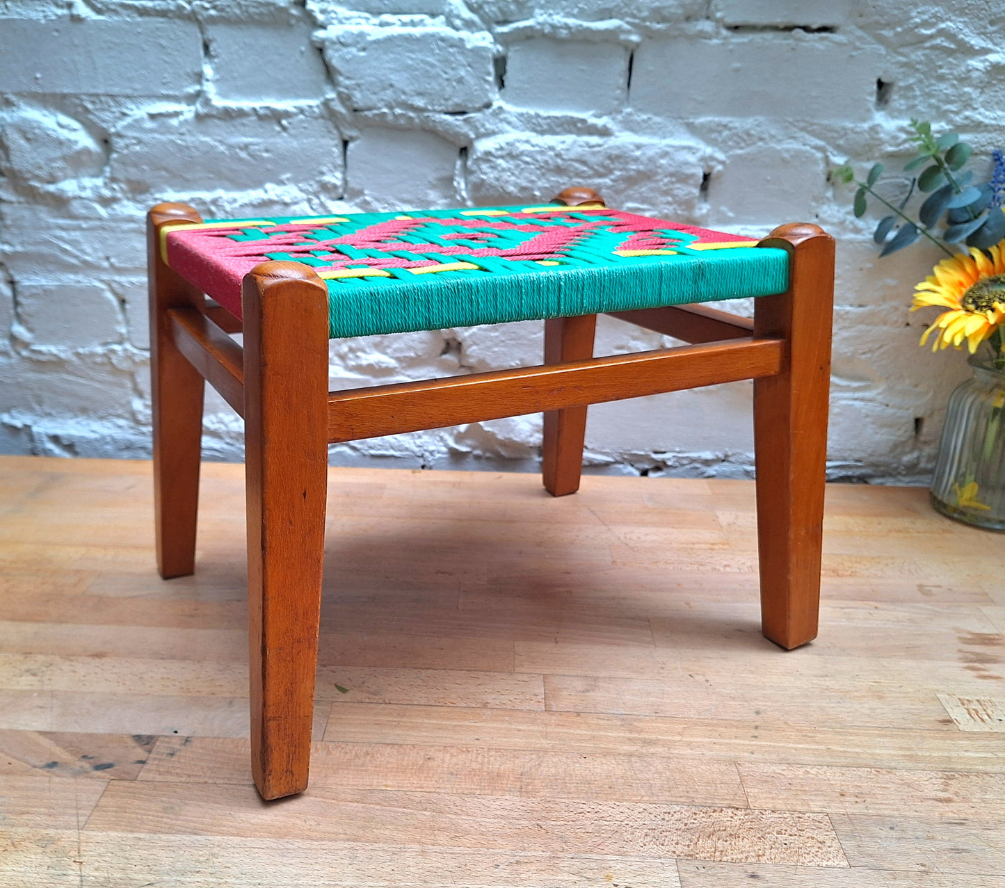 Funky Multicoloured Mid Century woven footstool.