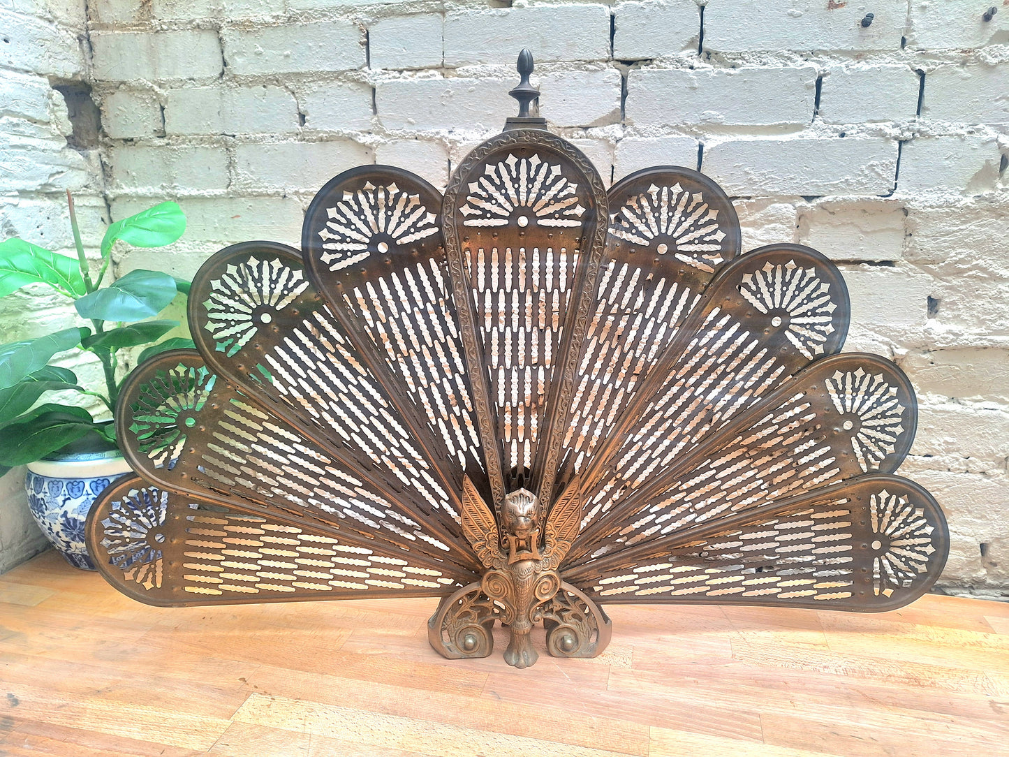 Vintage Brass Peacock Fire Screen