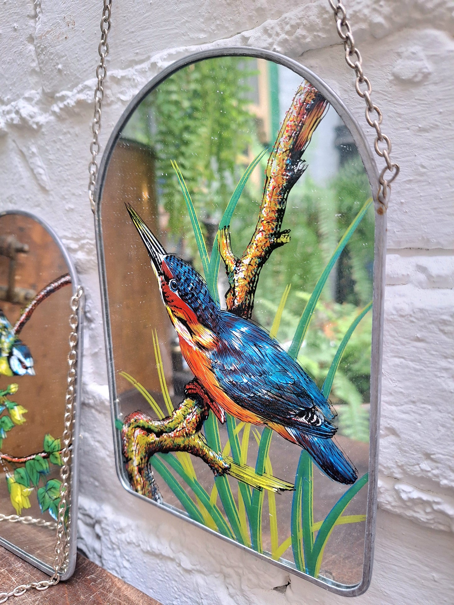 Vintage Set of Four Handpainted Hanging Bird Mirrors.
