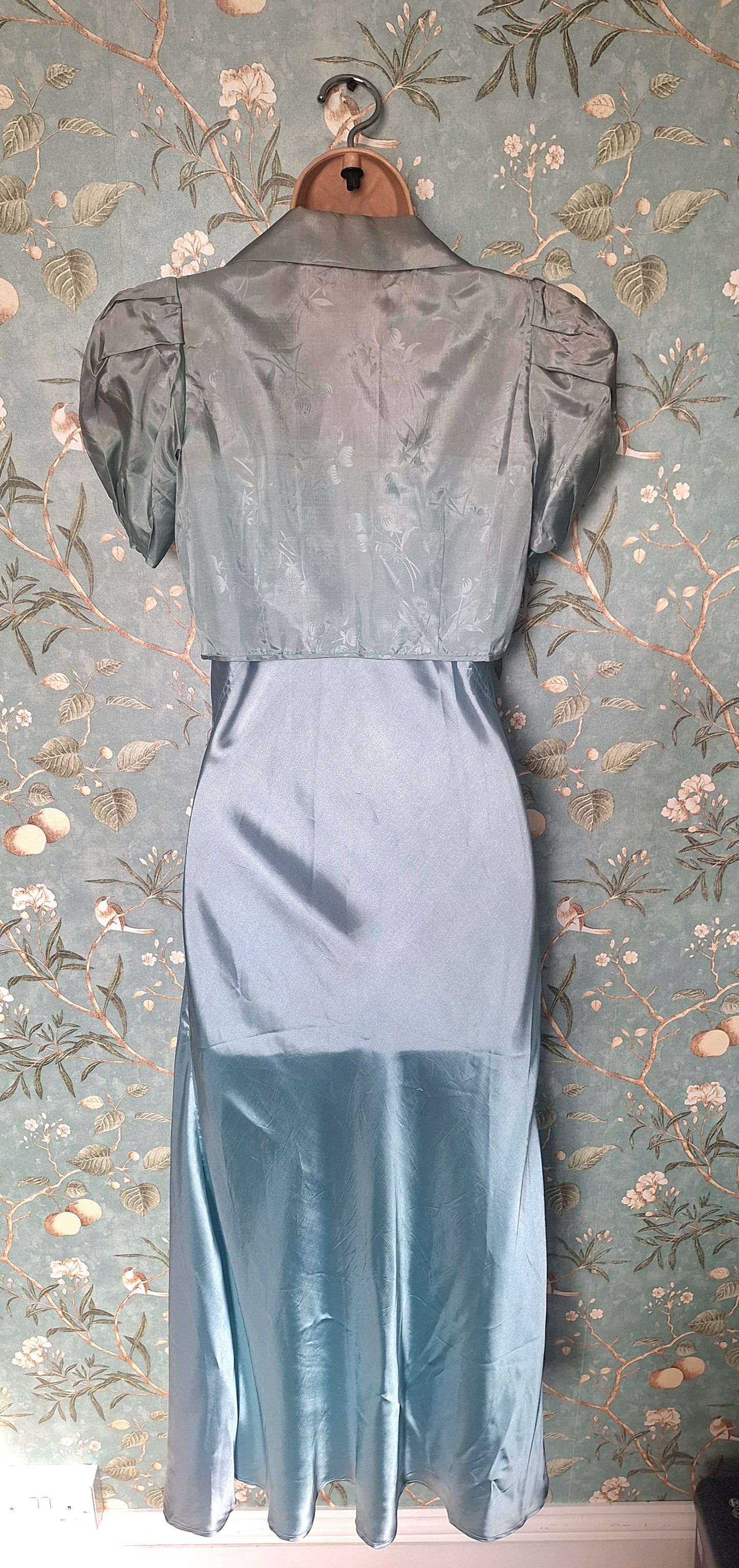 1930s Duck Egg Blue Silk Slip Dress and Jacket.