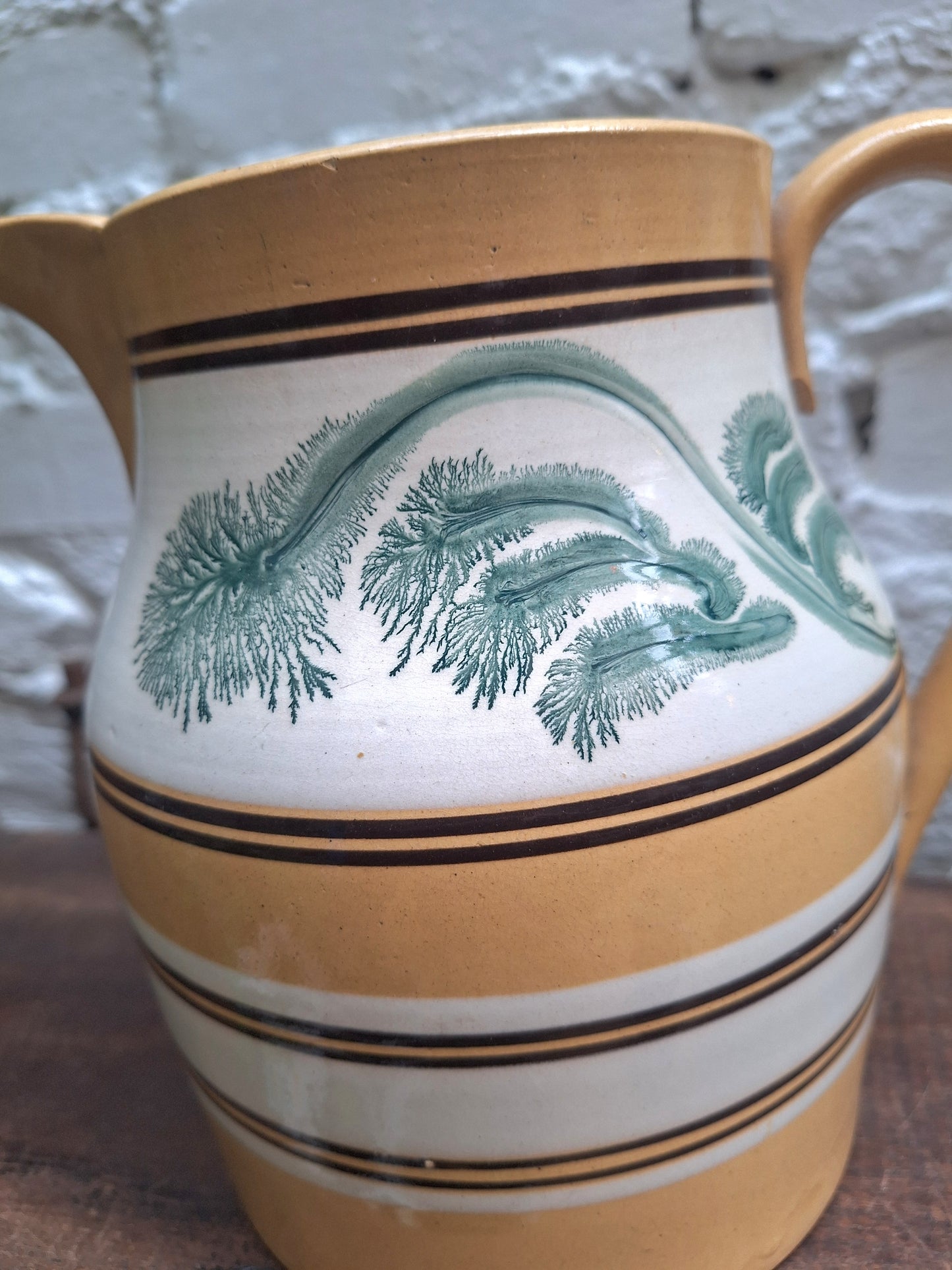 Antique 19th Century Mochaware Large Jug Leaf/Tree Pattern